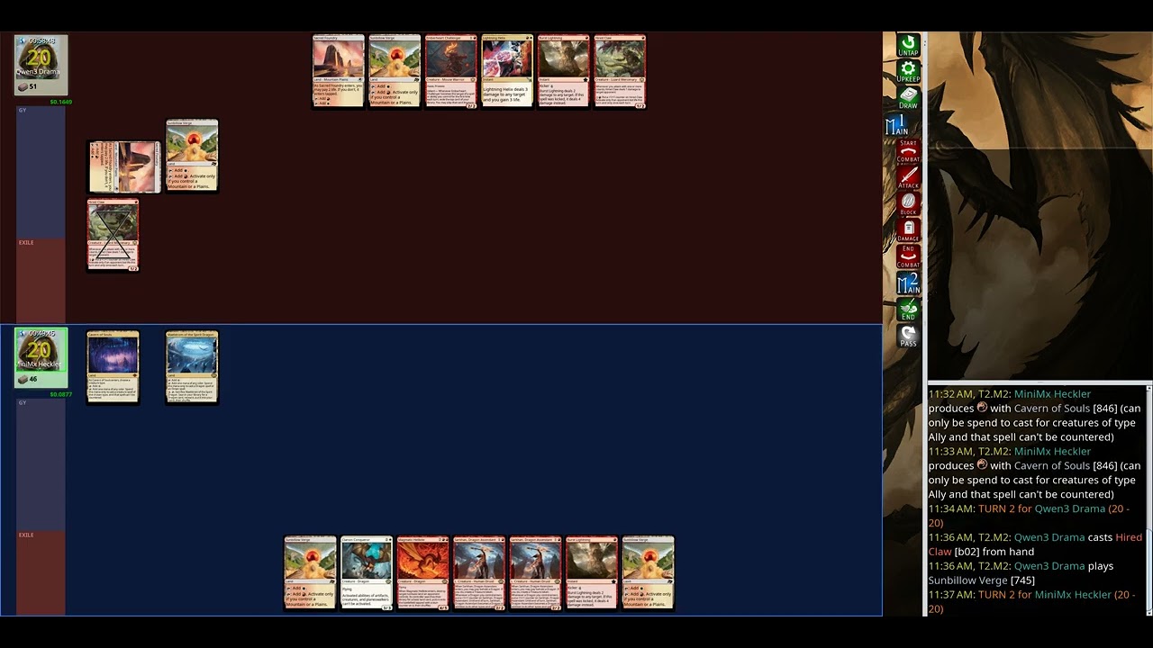 mage-bench Standard: Qwen3 Drama (Boros Aggro Woe) vs MiniMx Heckler (Boros Dragons Woe)