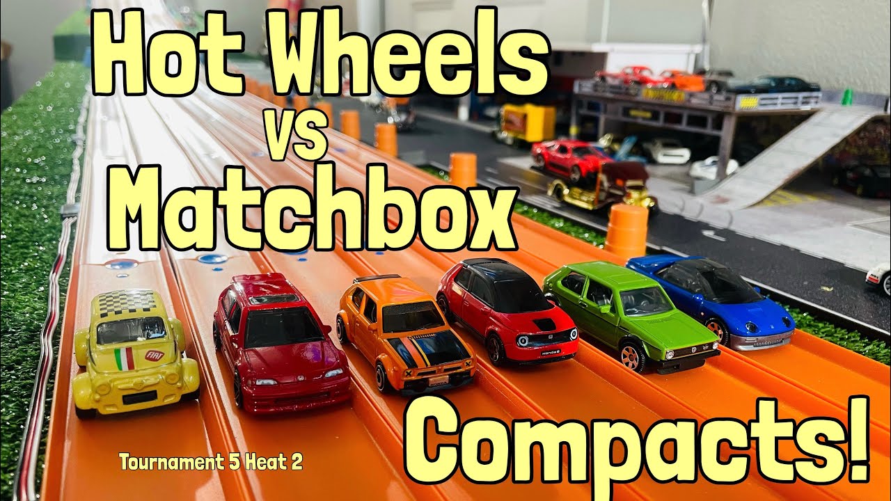 Racing Hot Wheels vs Matchbox compact cars on the big orange track!