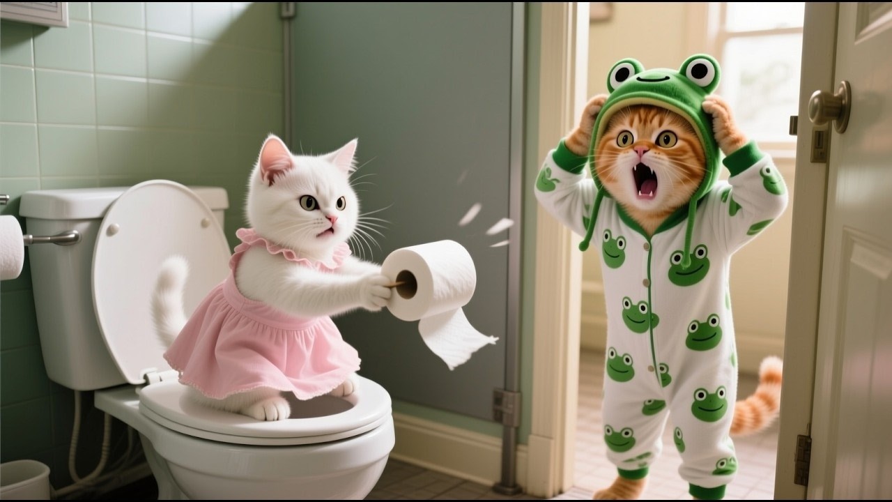 A mischievous golden kitten plays around in the bathroom, causing its mother to make a sacrifice.