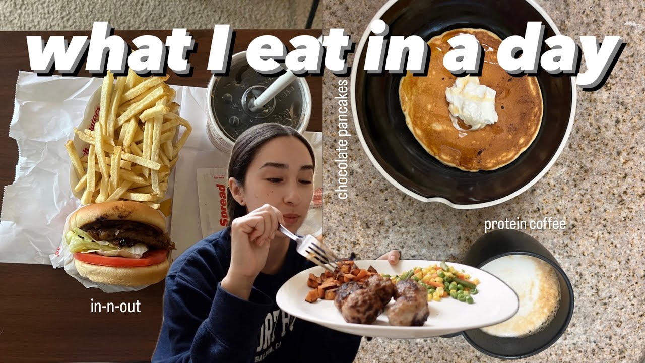 what I eat in 2 days | mini bagel bites, protein coffee, in-n-out, chocolate banana pancakes