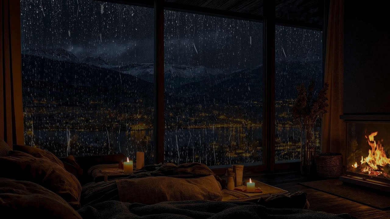 Peaceful Rainy Night & Warm Fireplace for Good Sleep | Quiet City & Cozy Bedroom