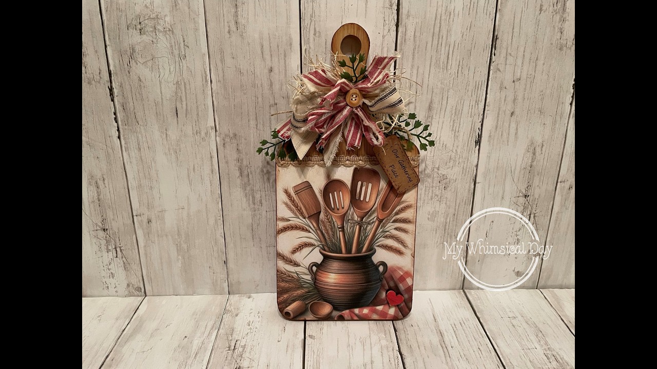 Vintage Crock and Utensil Print on a thrift-store cutting board. Beautiful!