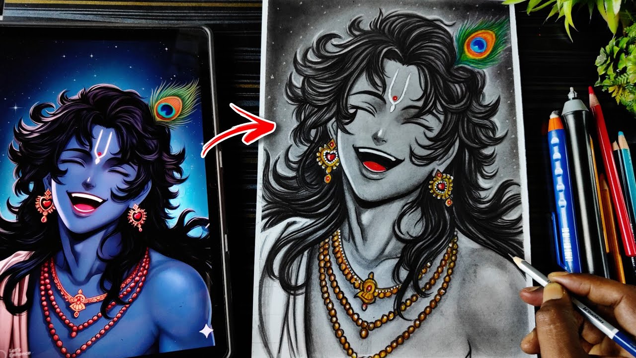 Lord Krishna In Anime Style Drawing, Shree Krishna Drawing Sketch, Step By Step Shading Tutorial
