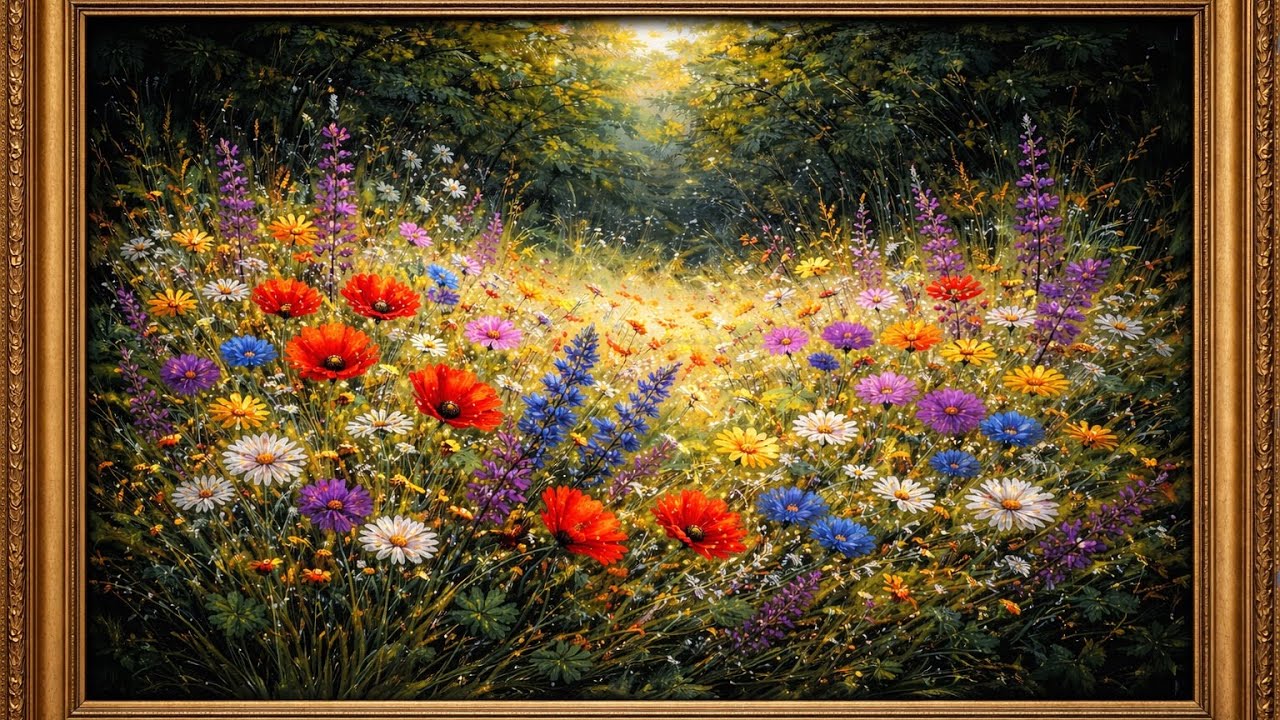 Ad free 4K TV screen saver vintage wildflower oil painting gold framed