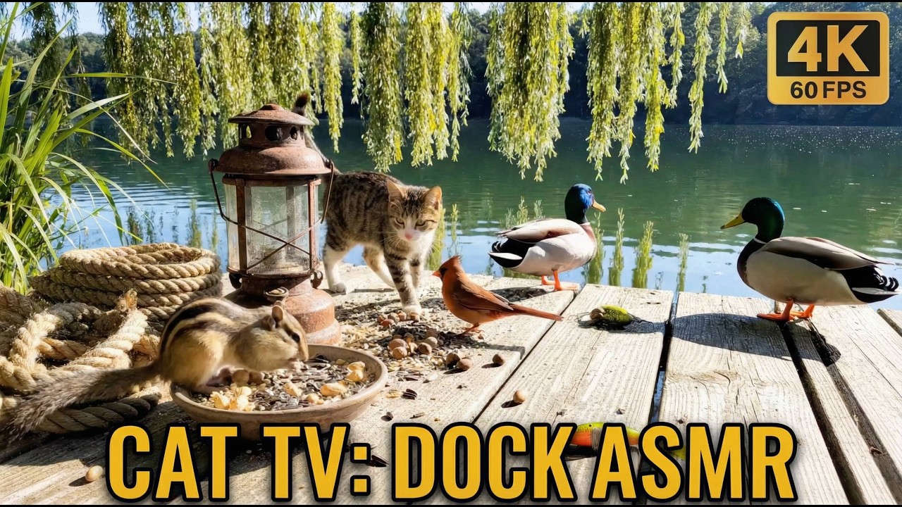 Cat TV for Cats to Watch 🌿 Relaxing Willow Lake & Ducks on Dock - 8 Hours