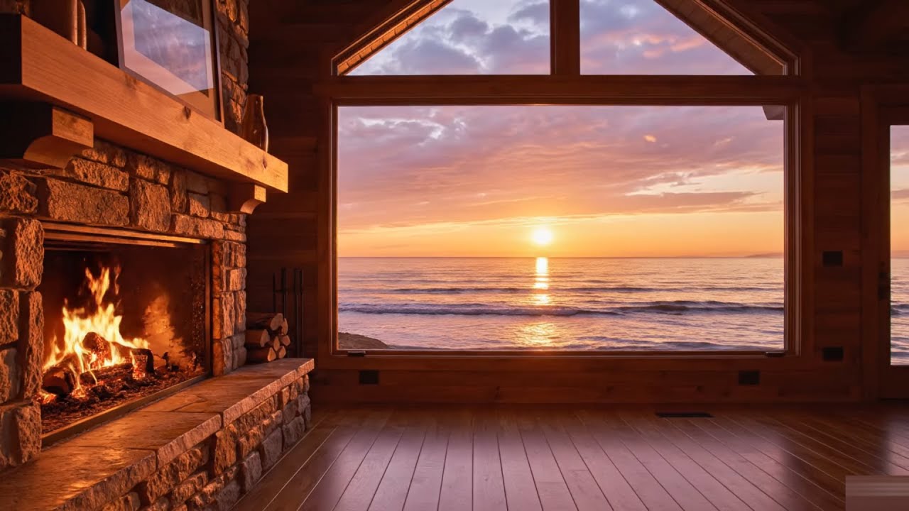 Warm Fireplace by the Ocean 🌅 Relaxing Fire Sounds with Beach Waves for Stress Relief