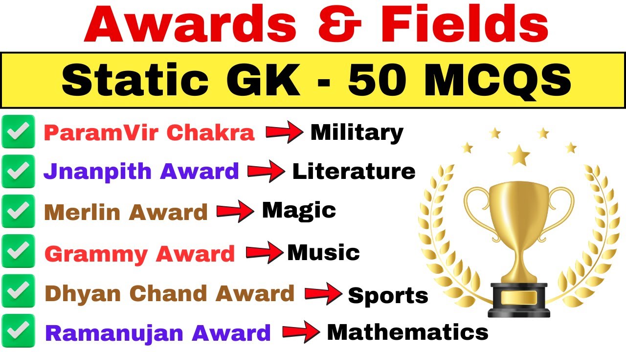 Awards & Fields in India | 50 Most Important Static GK Questions