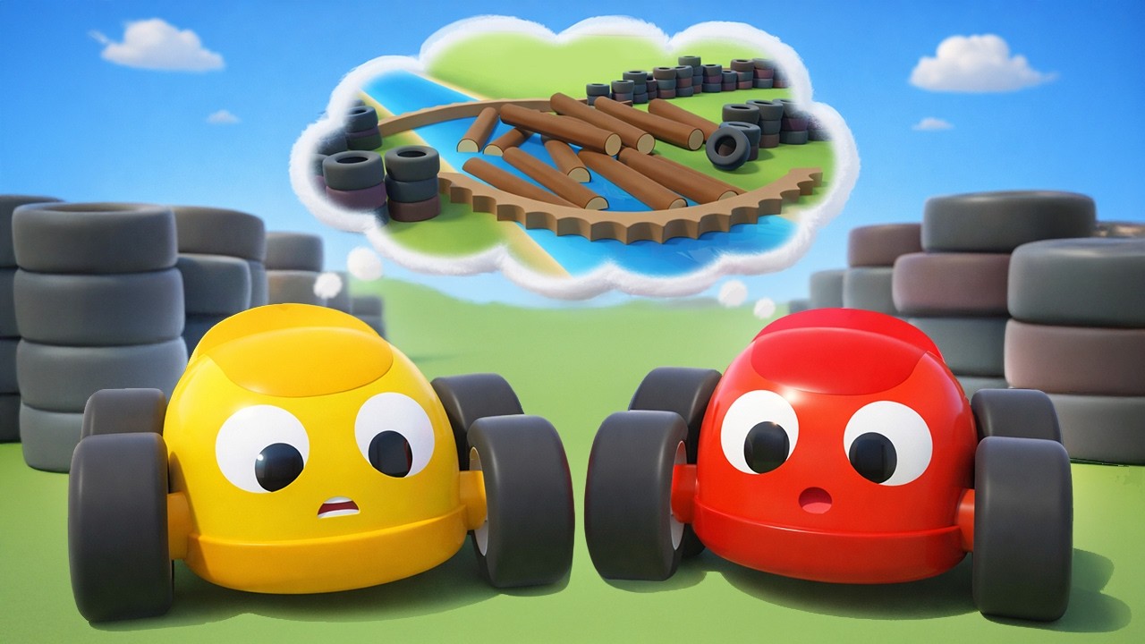 The racing cars were planning to compete, but they had to repair a damaged bridge.