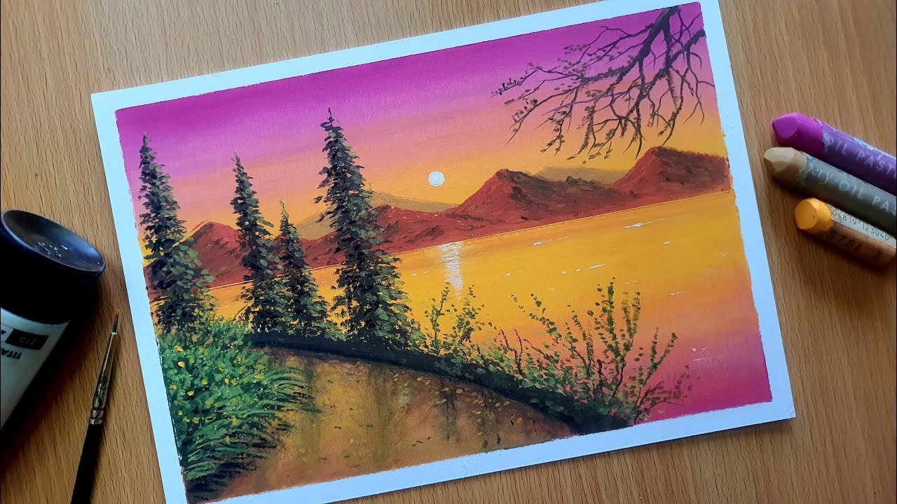 Oil Pastel Scenery Drawing for Beginners / SUNSET OVER LAKE / Oil Pastel Easy Nature Drawing