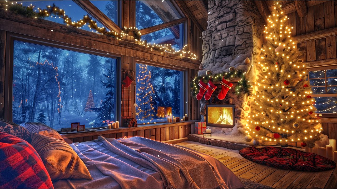 Cozy Christmas Cabin at Night 🎄Fire crackling and soft Jazz |  Snowfall &  Winter Ambience
