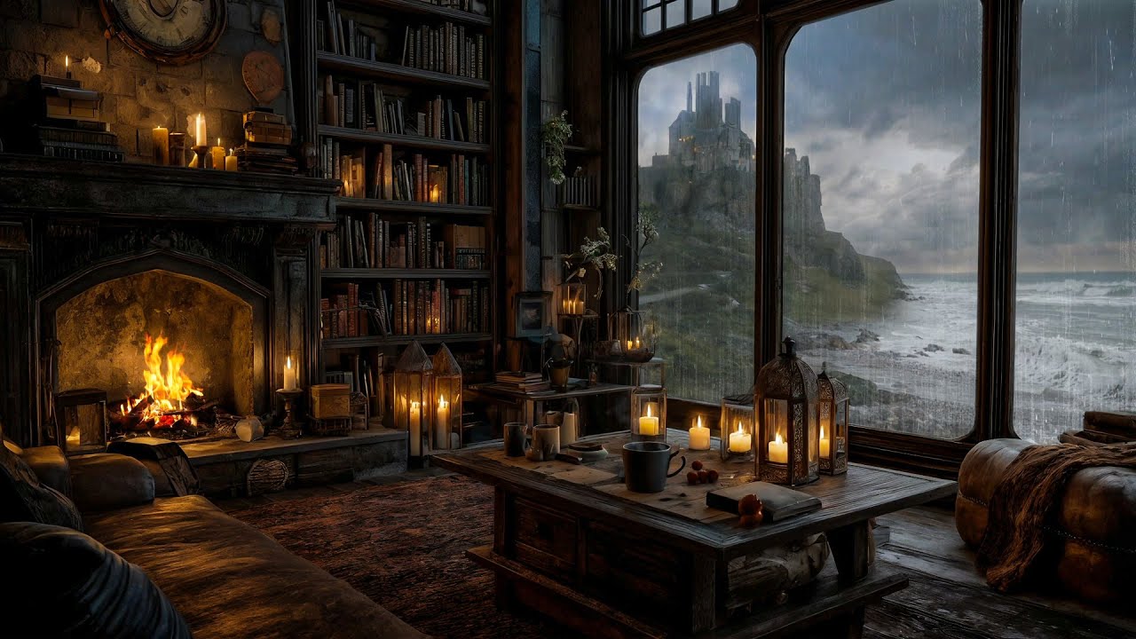 NO ADS 🌧 Rainy Coastal Castle Night | Rain ,Thunderstorm, Ocean Waves & Crackling Fire Ambience