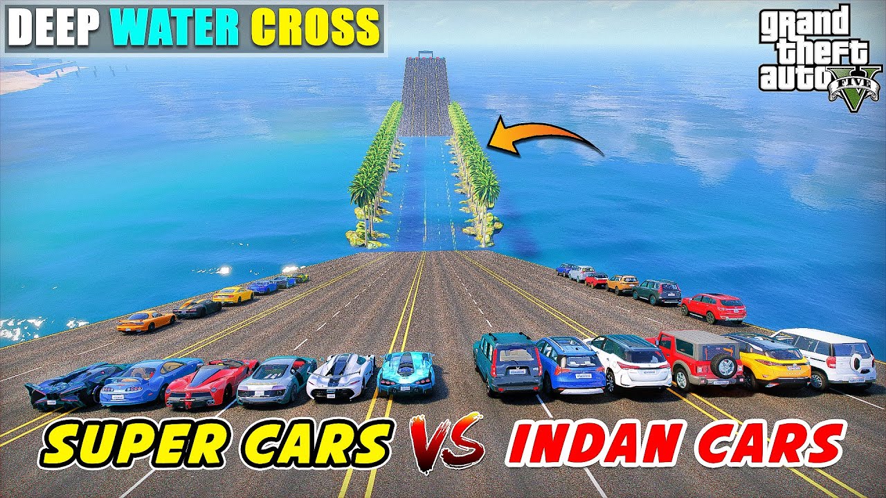 GTA 5 INDIAN CARS VS SUPER CARS DEEP WATER CROSSING CHALLENGE | GTA 5 GAMEPLAY