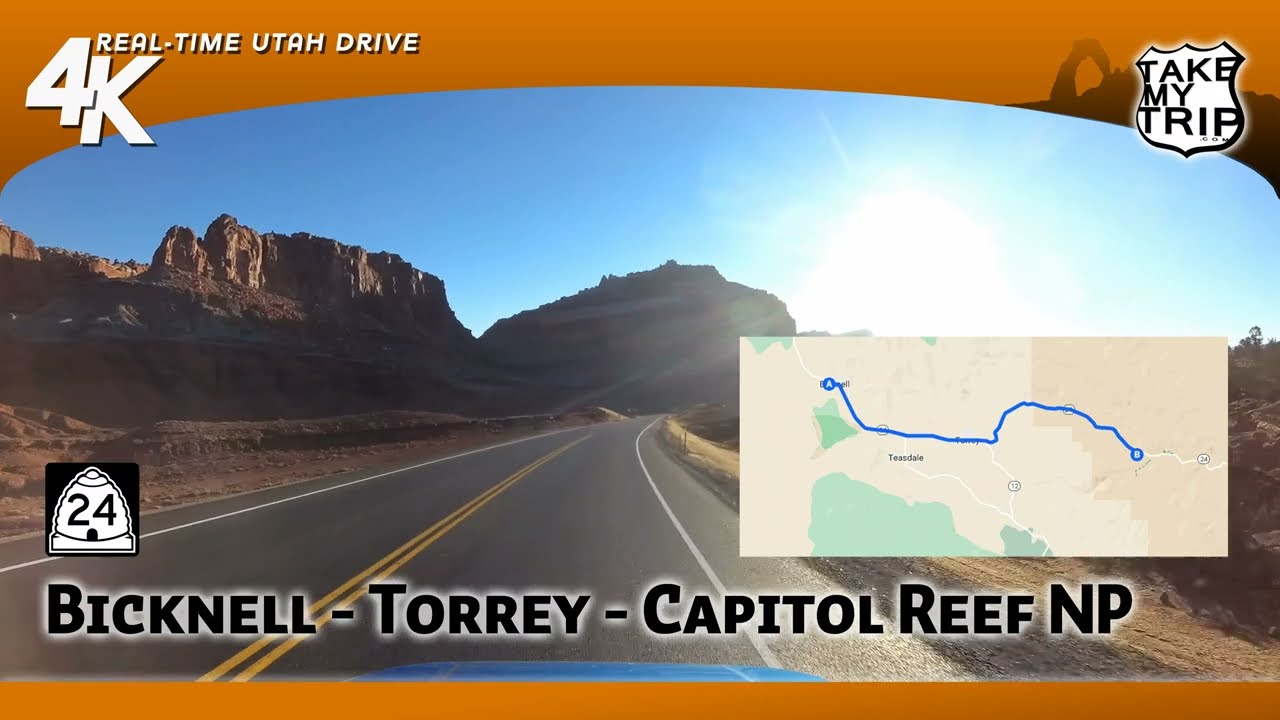 Sunny morning drive on Utah Route 24: Bicknell, Torrey, to Capitol Reef National Park in 4K