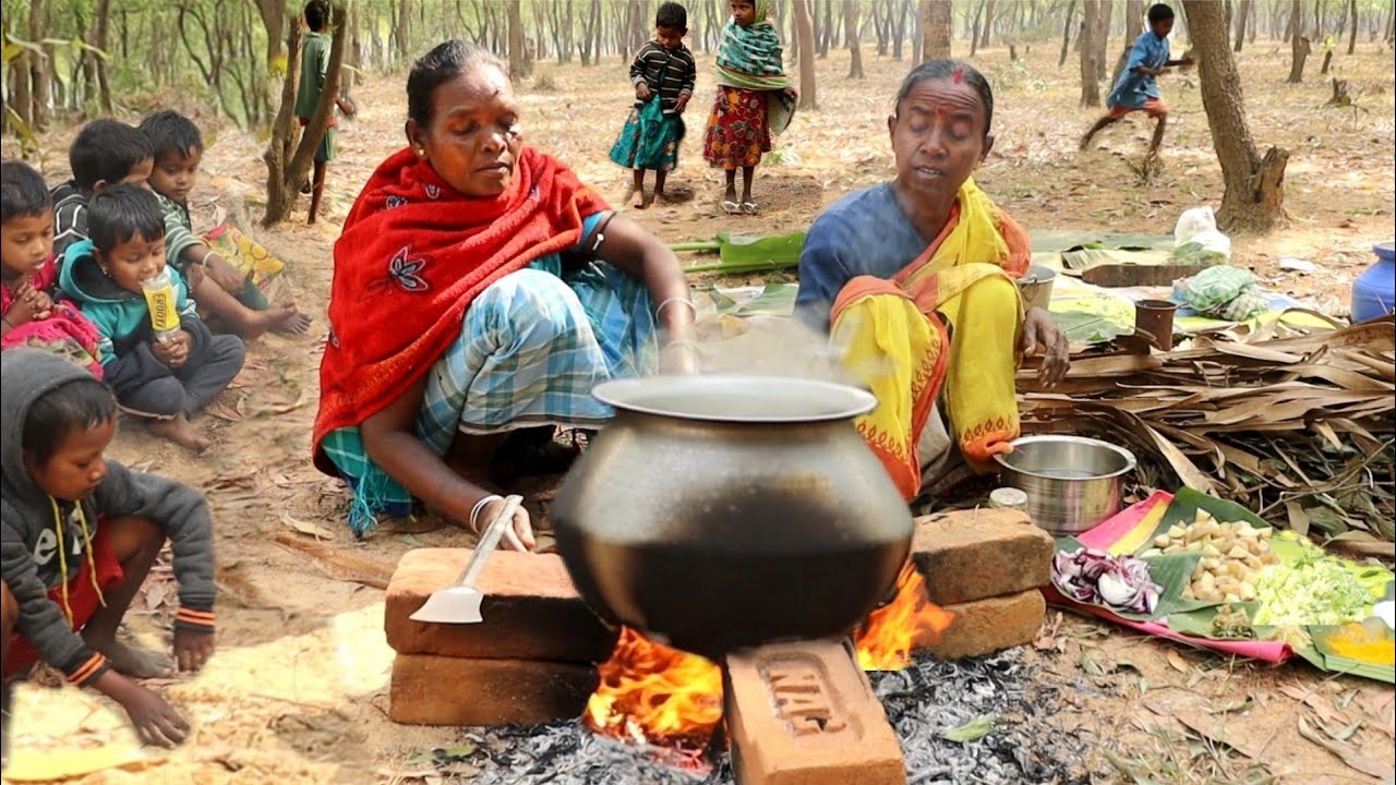 village grandma cooking vegetable DAL CHAWL recipe for their childrens || village cooking channel