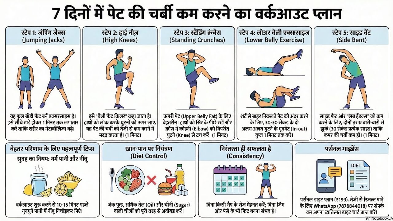 7 दिनों में पेट कम करने का आसान वर्कआउट प्लान