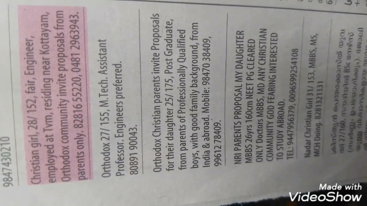Kerala CHRISTIAN GIRLS WANTED GROOM details from Malayalam news papers