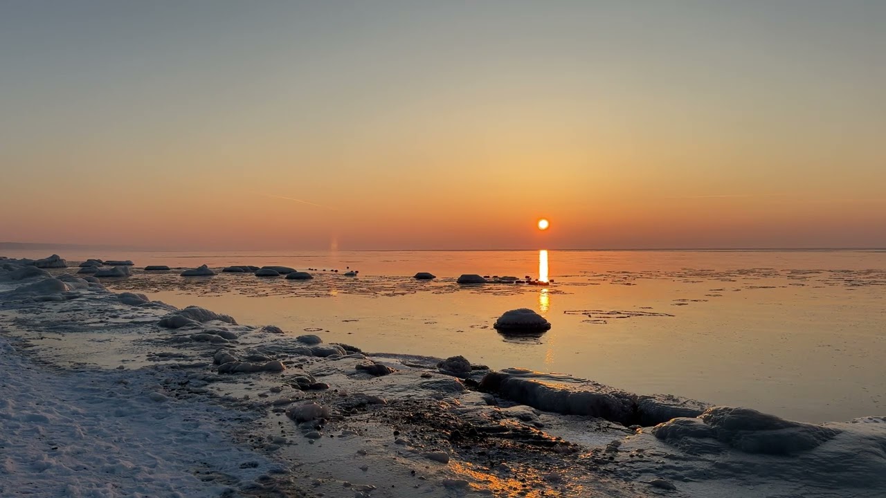 Peaceful Winter Ocean Sunrise, Snowy Shore, Calm Water, Ducks | Saunds for Meditation, Relax & sleep