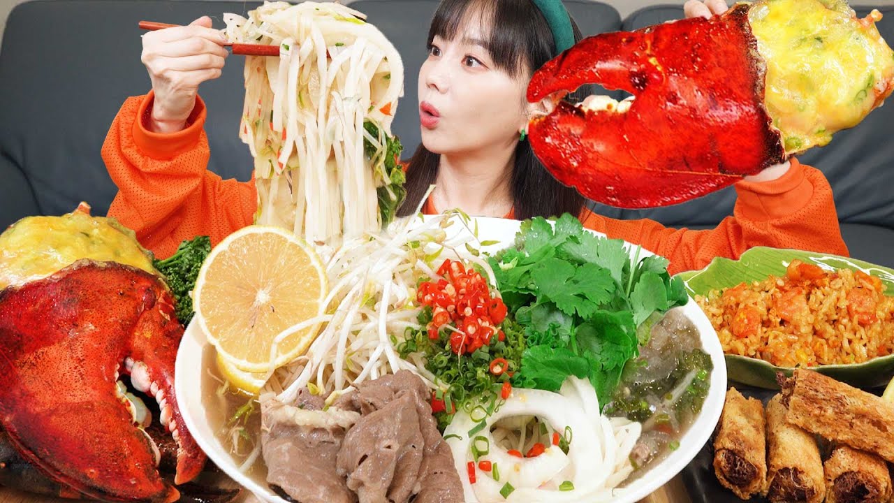 [Mukbang ASMR] Amazing Rice Noodle Pho Grilled Giant Cheese Lobster 🦞 Fried Rice Recipe Ssoyoung