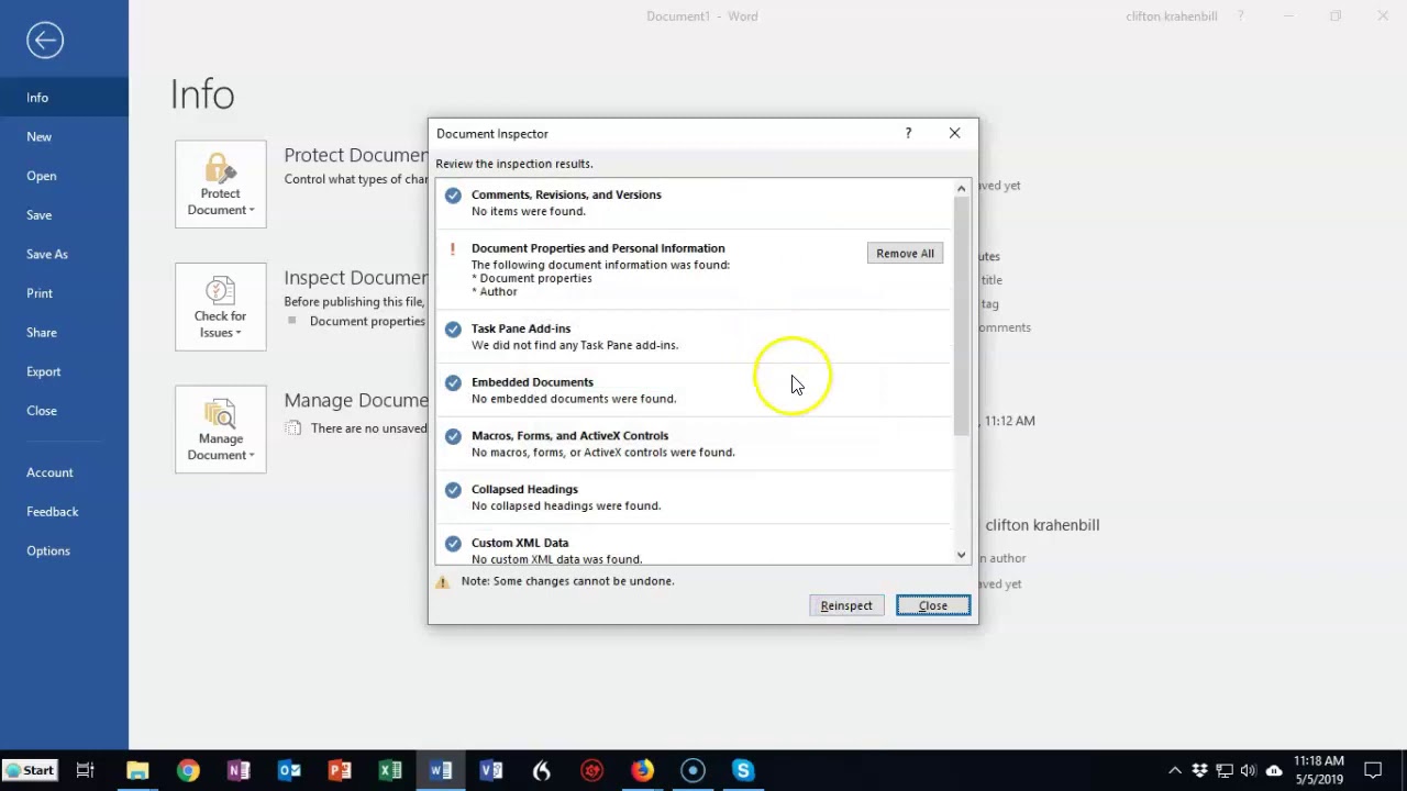 Inspecting and protecting documents in Word 2016.