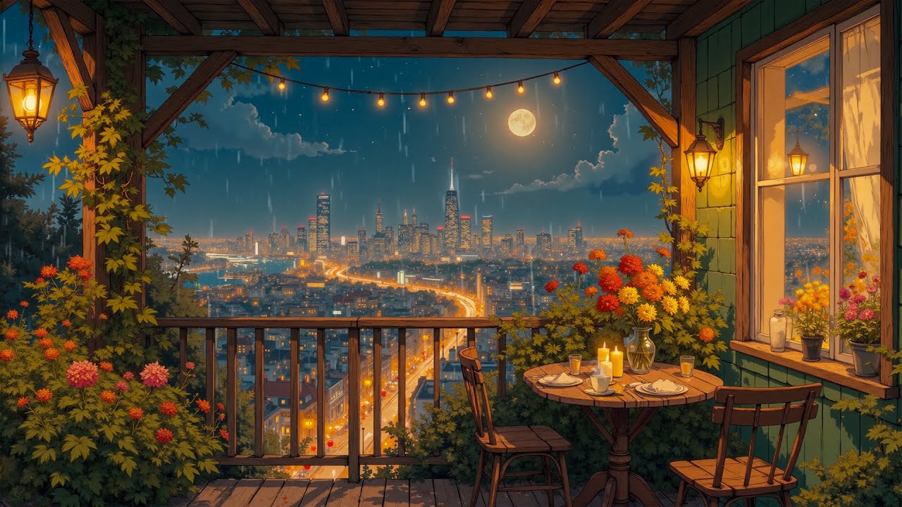 Moonlit Balcony in Tokyo 🌙 Rain Sounds & Peaceful Lofi Beats for Work and Focus