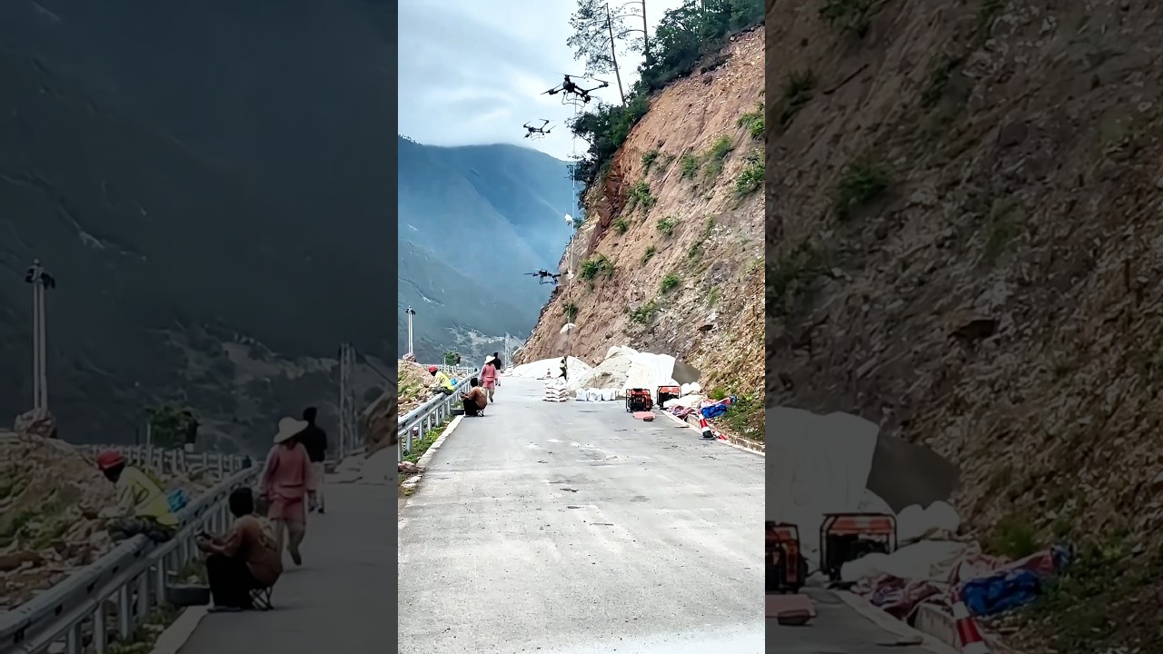 Drone lifting cement: Navigating mountain terrain with speed and efficiency!