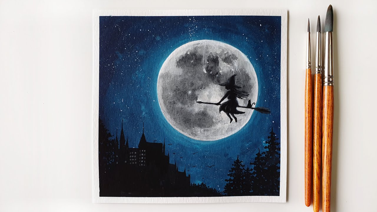 How to Paint a Halloween Witch Flying in the Night Sky with Poster Color