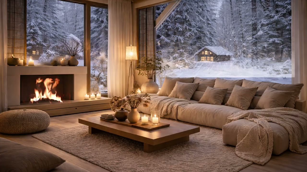 4K✨ 5 HOURS of Winter Piano and Snowfall Ambience #relaxingmusic #wintervibes #goviral  #fireplace 