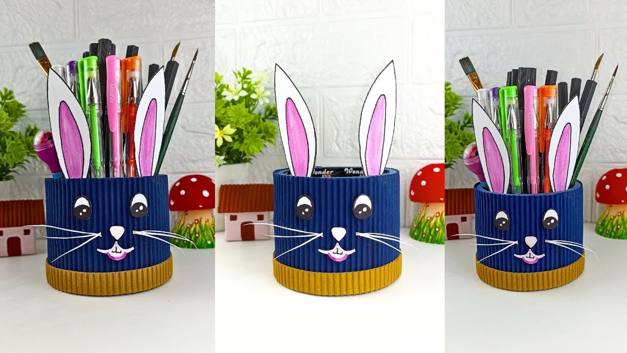 DIY Bunny Pen Holder 🐰 | Cute & Easy Desk Organizer with Waste Material!@rainsartsandcrafts1 #diy