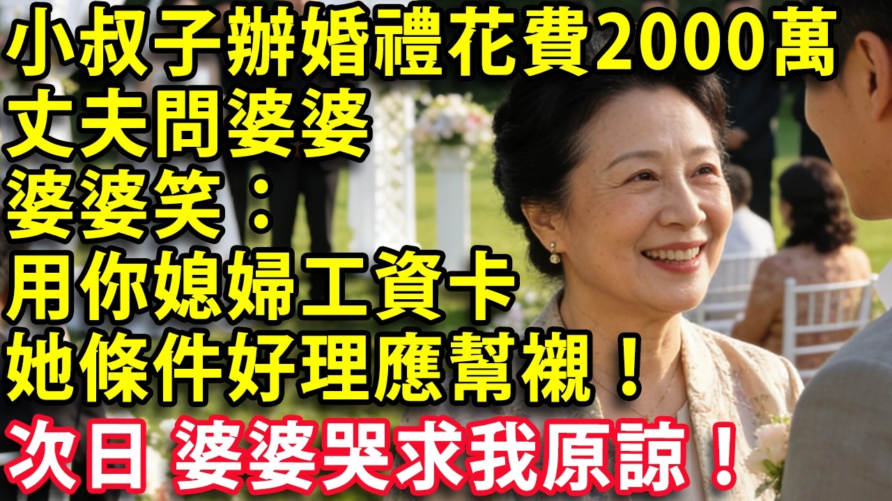小叔子大辦婚禮花費2000萬，丈夫問婆婆錢從哪來的，婆婆笑：用你媳婦工資卡墊付的，她條件好理應幫襯！次日 婆婆哭求我原諒！#心聲故事會 #情感 #婚姻 #老年生活