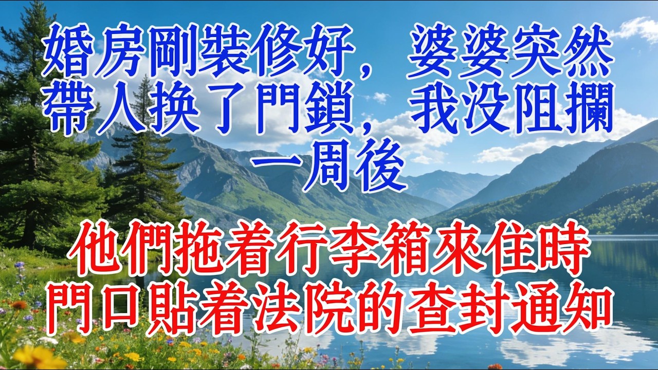婚房剛裝修好，婆婆突然帶人換了門鎖，我沒阻攔，一週後，他們拖著行李箱來住時，門口貼著法院的查封通知#情感 #人生感悟 #心靈暖流
