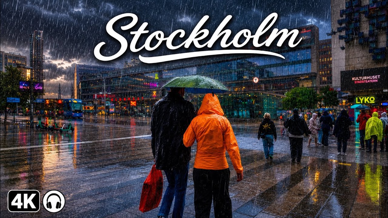 Sweden 🇸🇪 Stockholm | Heavy Rain walking tour in 4k UHD 60fps | ASMR