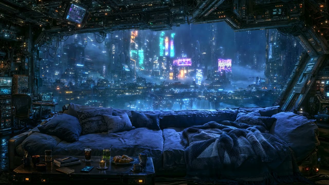 Midnight Rain Above Aethera | Cyberpunk Rain and Atmospheric Ambient Music | 10 hours | 4K