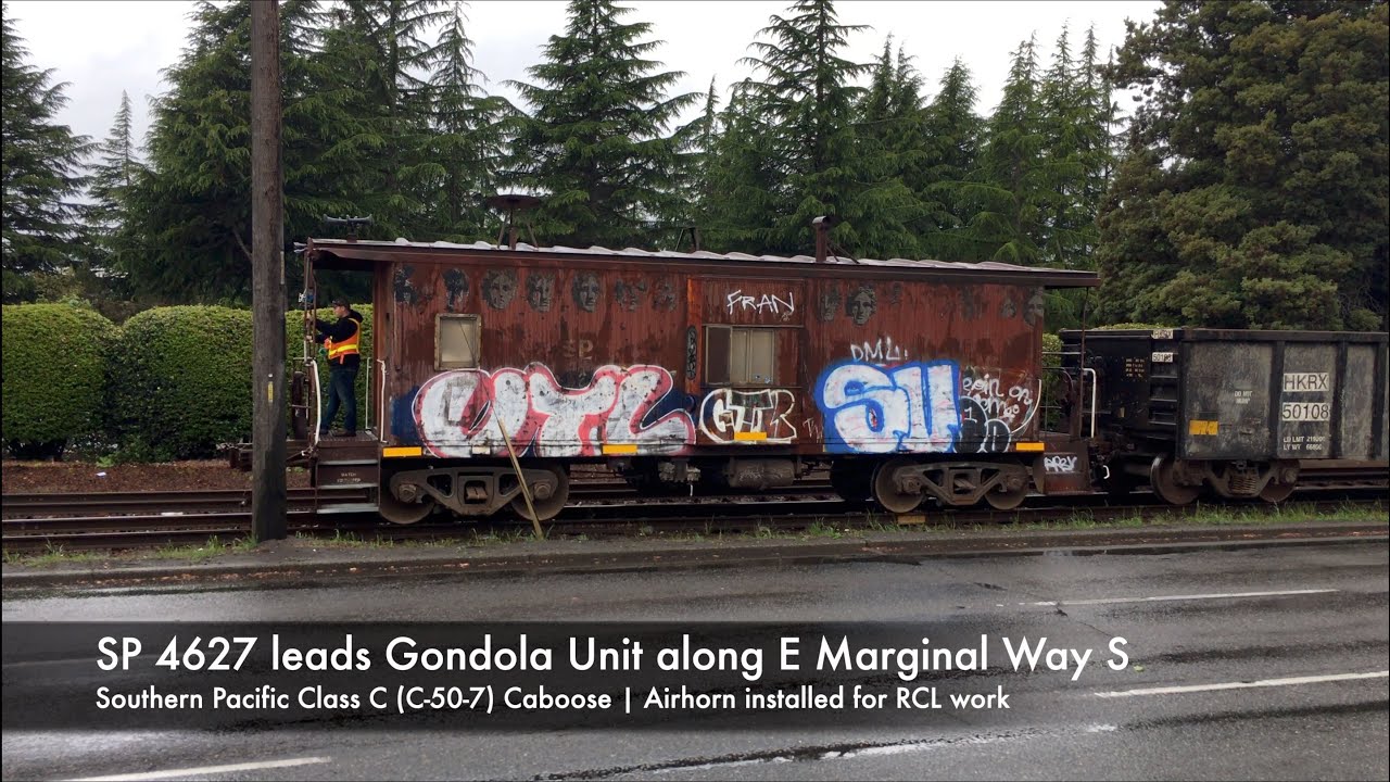Seattle Trains: Southern Pacific Caboose SP 4627 Leads Union Pacific Gondola Unit, UP 632 523 4K