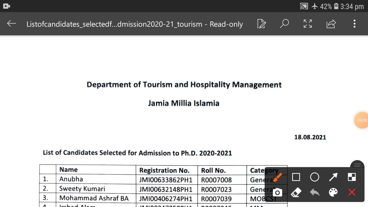 Jamia Millia Islamia Department of tourism & Hospitality Management Result || Jamia Admission 2021