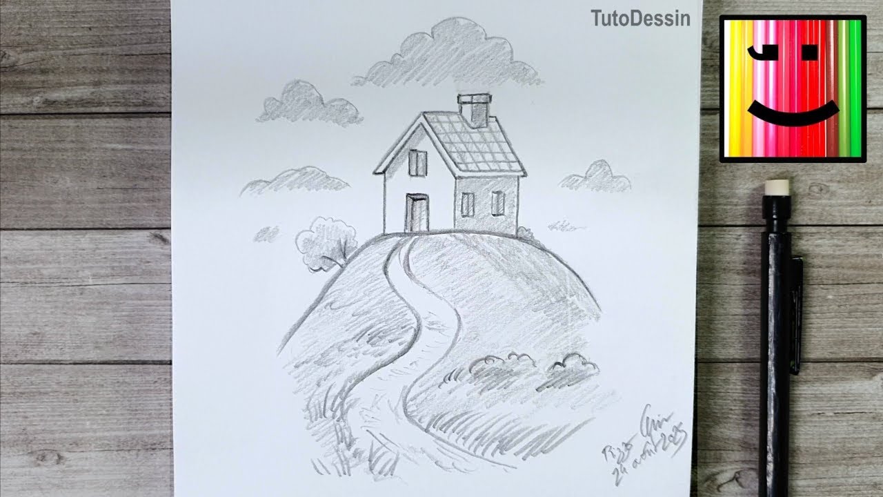 Comment dessiner une maison au crayon de papier l Maison sur une colline