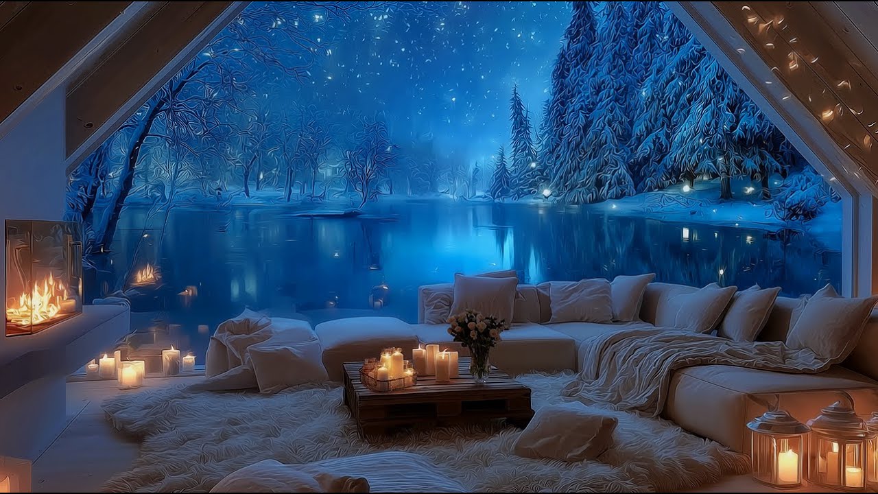 relaxing piano music🌙Silent Winter Piano at Night | Snowy Lake & Fireplace | Deep Sleep Music