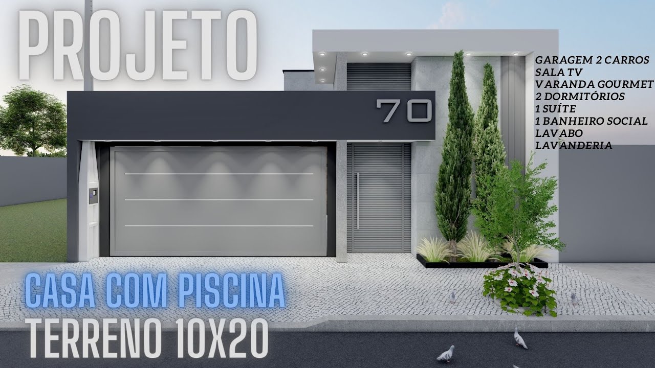 PROJETO TERRENO 10X20   CASA COM PISCINA, 3 DORMITÓRIOS E GARAGEM PARA CAMINHONETE !! 2023