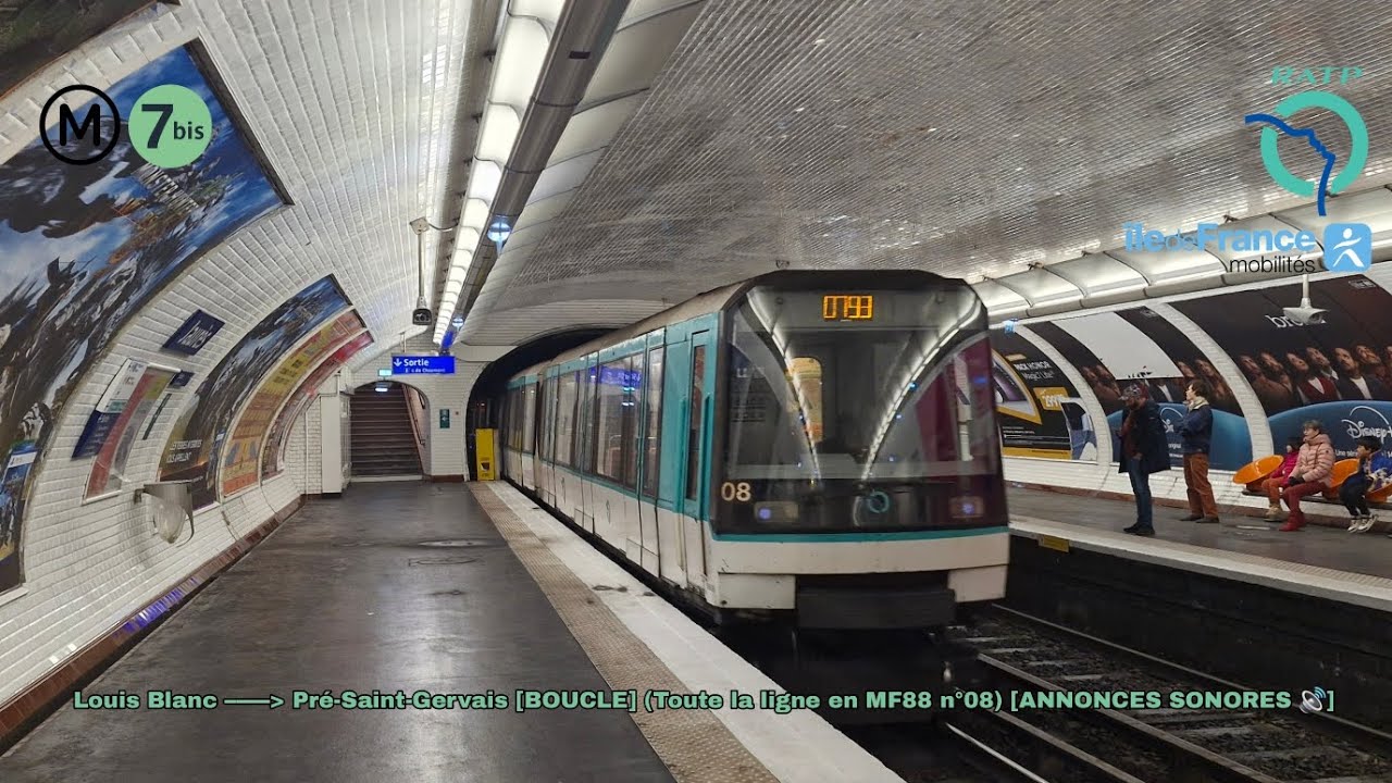 [Métro ligne 7bis RATP] MF88 n°08 – Louis Blanc 🔃 Pré-St-Gervais [ANNONCES SONORES 🔊]  #ratp #idfm
