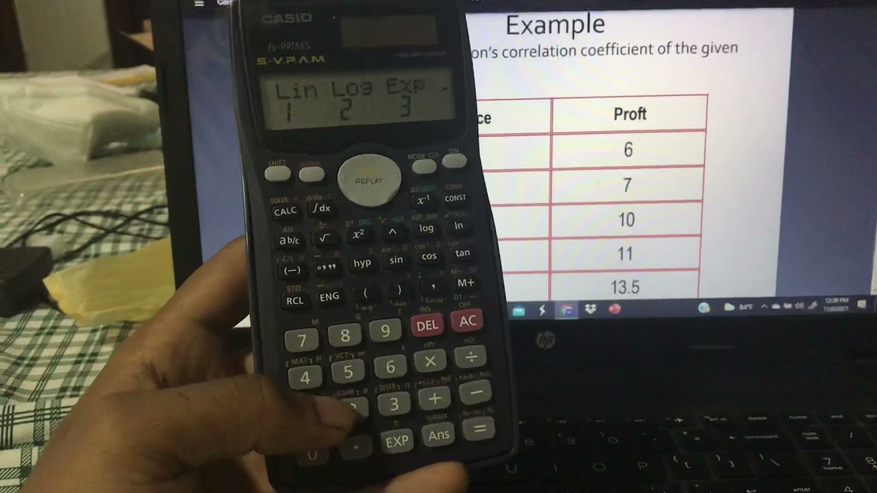 Calculation of  Pearson's Correlation Coefficient using Casio Fx 991MS calculator with example