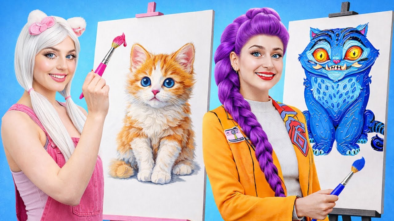 🎨 Desafío de Arte ÉPICO: ¡Tierna Gatita vs Gato Fantasía Salvaje!🐱✨Con Rumy de Huntrix por 123 GO!
