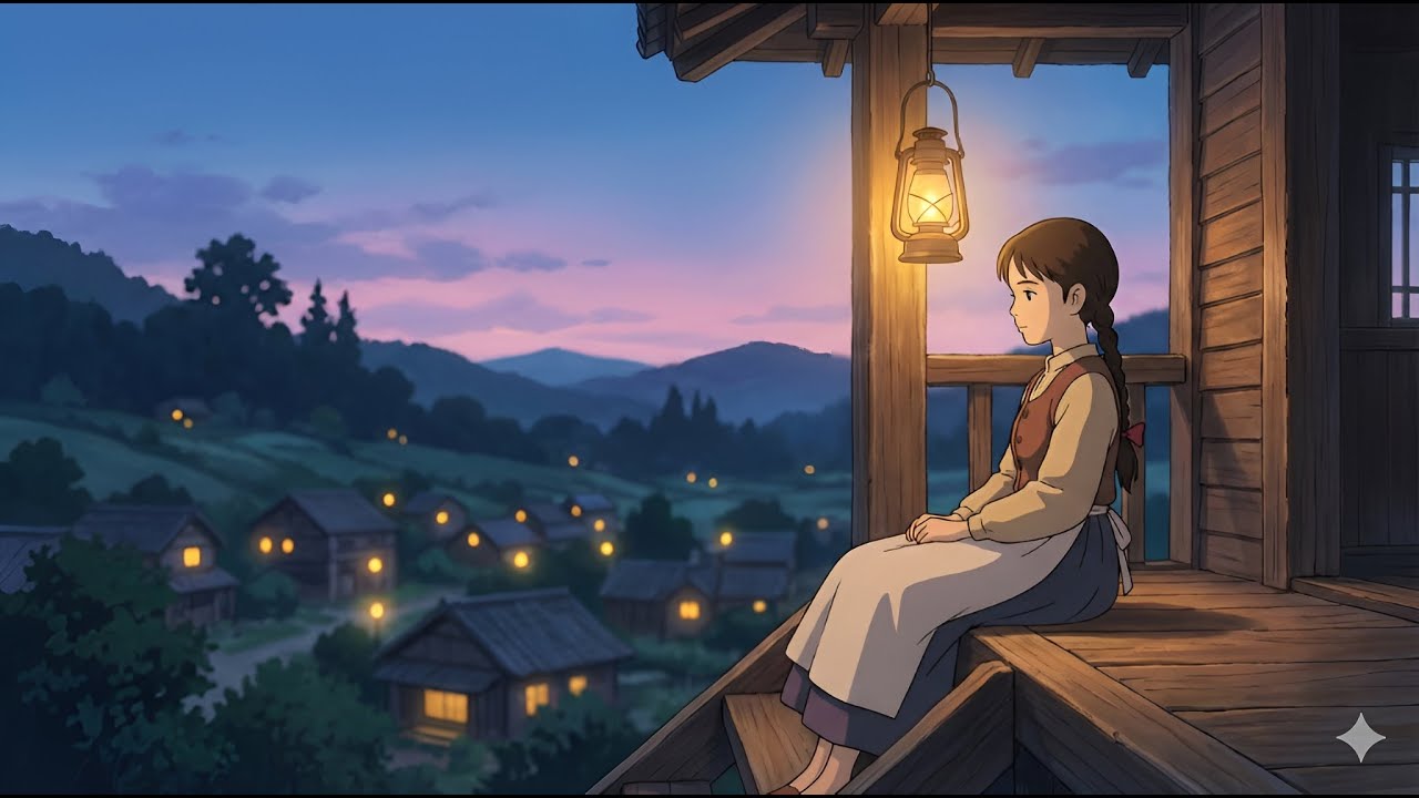Sitting Alone at Dusk, Watching the Village Lights Appear One by One./Ghibli Stlye