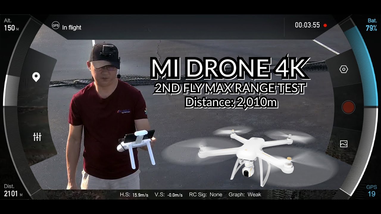Mi Drone 4K - 2nd test with stock antenna max range 2,101m