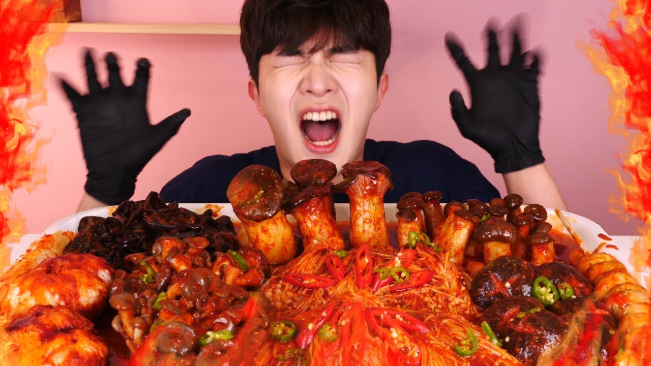 RUS SUB) Острое. Цвета Грибы. (СТОНЫ)  Ешь Mukbang🔥Hot Spicy Mushrooms Korean ASMR 후니 Hoony