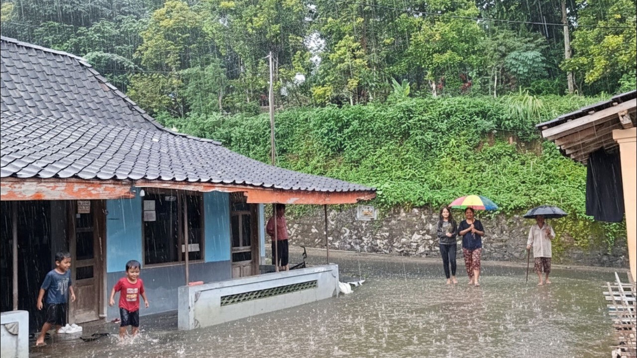 Heavy Rain Pours Over a Peaceful Rural Village — Walking Along the Quiet Countryside Roads