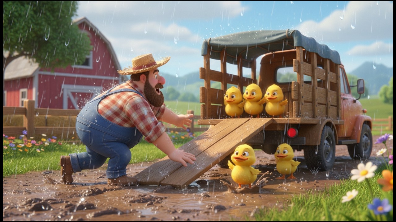 Oh no ! It's raining | At the Old McDonald's farm, they are helping to bring animals to safety.