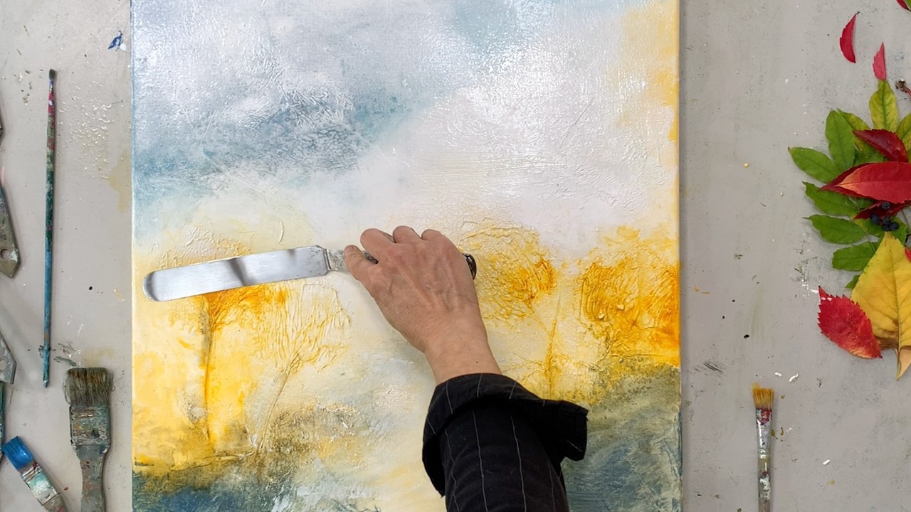 Relief & Blätter – Acryl fließen lassen mit Struktur – Abstrakte Landschaft (Anfänger)