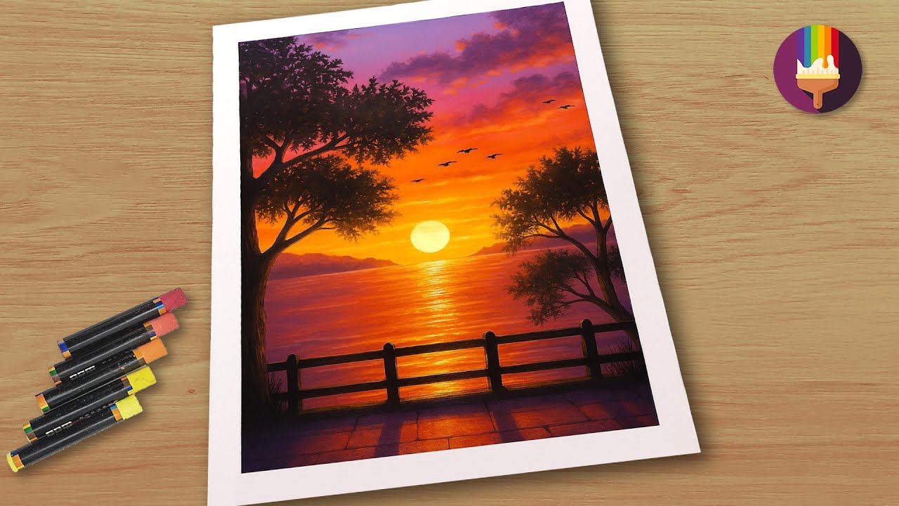 Easy Sunset Painting with Oil Pastels | Color Blending Tutorial