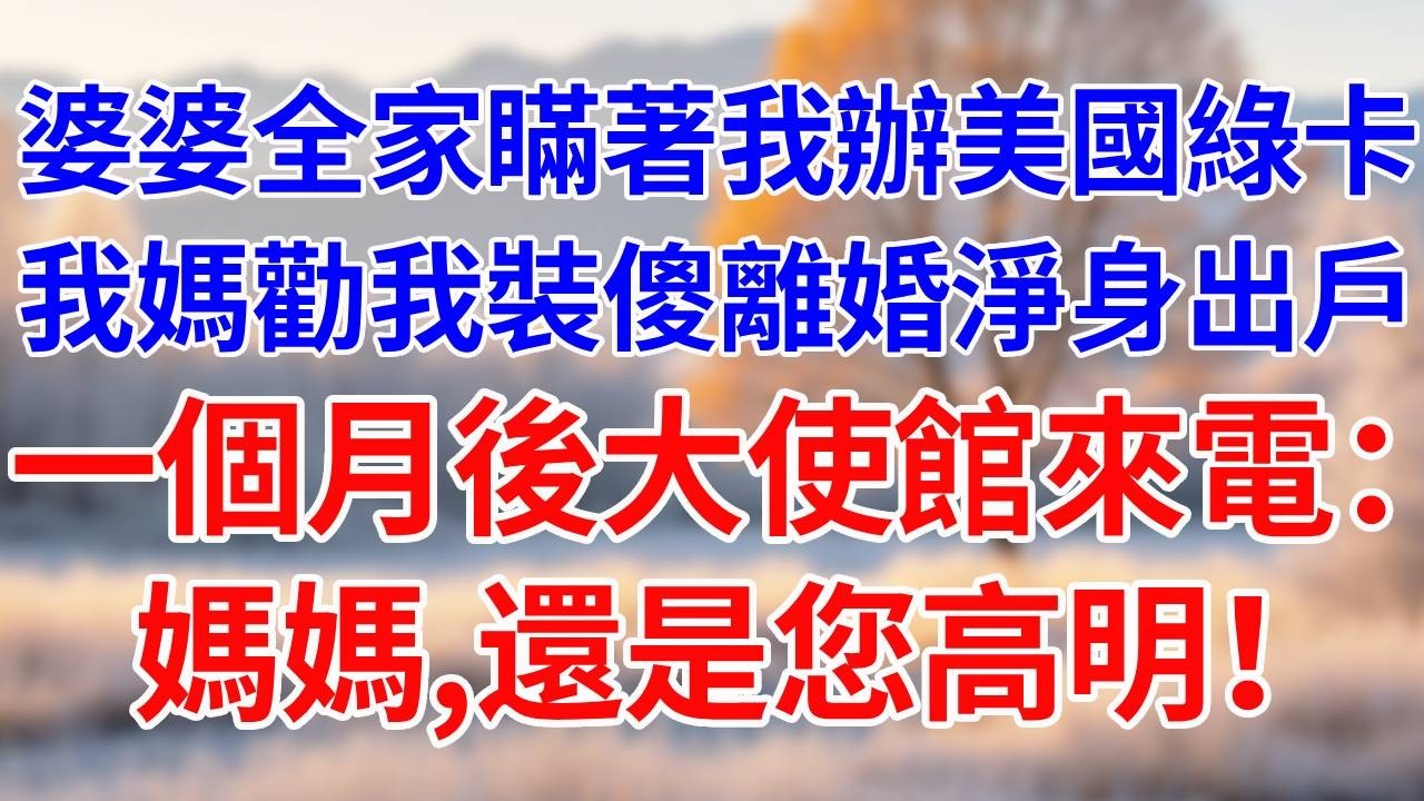 婆婆全家瞞著我辦美國綠卡，我媽勸我裝傻離婚淨身出戶。一個月後大使館來電：媽媽,還是您高明！#婆媳故事#為人處世#生活經驗#情感故事#故事#小說#戀愛#情感#婚姻