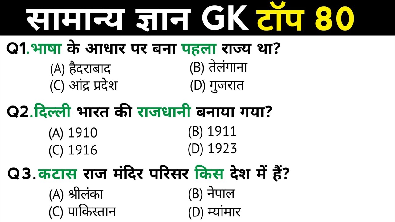 सामान्य ज्ञान | General Knowledge | Top 80 Gk GS questions | SSC GD, MTS, RPF, CRPF | GK quiz
