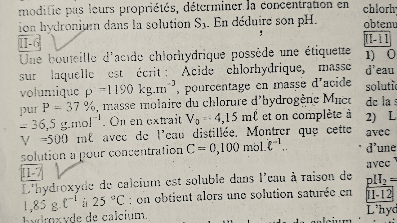Solution aqueuse de HCl commercial (exercice corrig&eacute;)